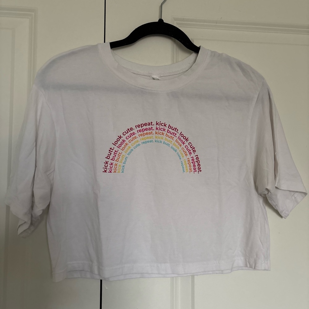 Fabletics White Crop Top with Rainbow Text